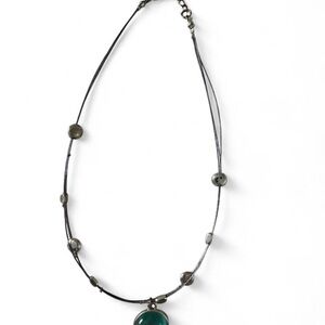 New York & Company Teal Stone Pendant Necklace with Silver Cord
